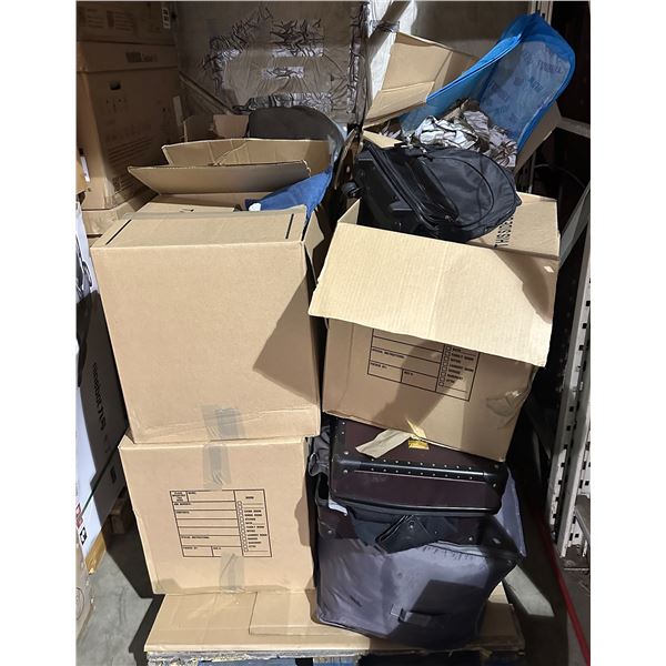 Large pallet of misc items including - clothing, suitcase, bags, etc...