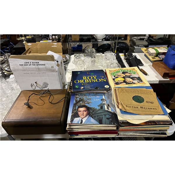 Group of misc items including - vintage records, record player, etc...