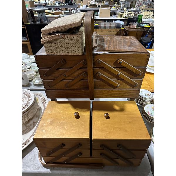 Group of 2 Vintage Folding Cantilever Wooden Teak Sewing Box & sewing box