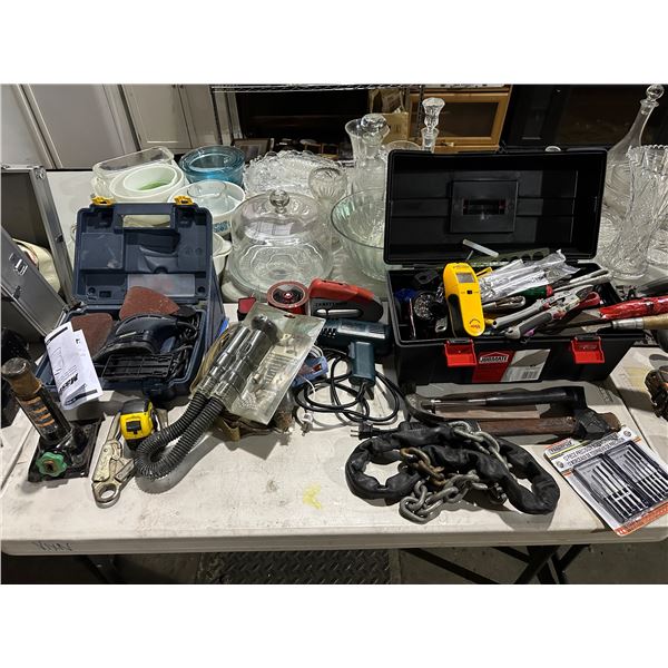 Large table lot of including - tool box full of various tools, measuring tape, glue gun, 12 piece sc