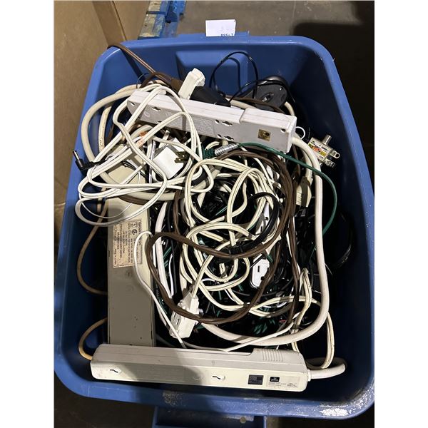 Bin of power stip plugs, misc cords, etc...