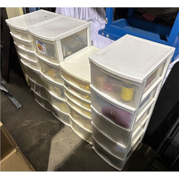 Group of 4 standup plastic storage containers w/misc items inside