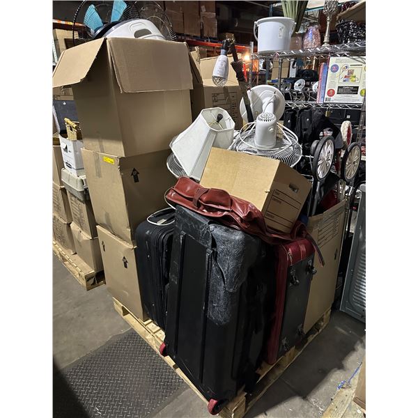 Pallet lot of misc items including - desktop fans, suitcases, light, clothing, etc...
