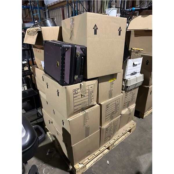 Pallet lot of misc items including - pots & pans, basket, cookware, suitcase, etc...