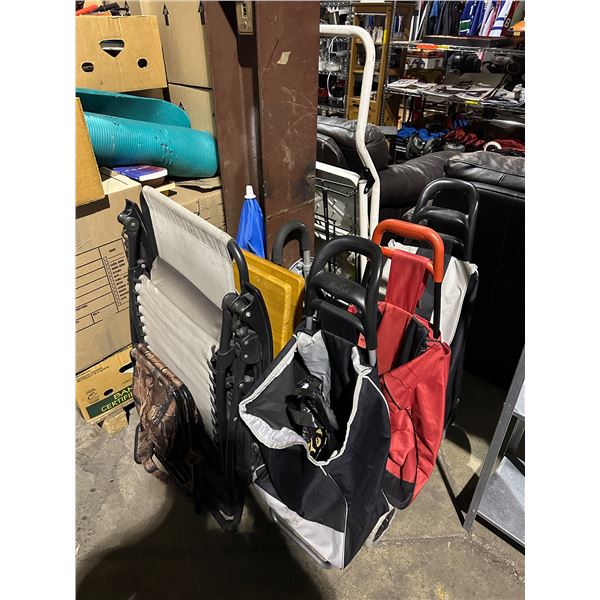 Group of 3 shopping bag cars, camping chairs, stool, TV dinner stands, canes, etc...