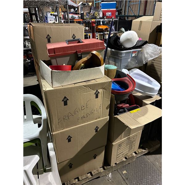 Pallet lot of misc items including - first aid box, cleaning supplies, home decor, glassware, etc...