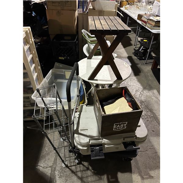 Group of misc items including - outdoor table, chairs, storage bins/crates, Cambro storage container