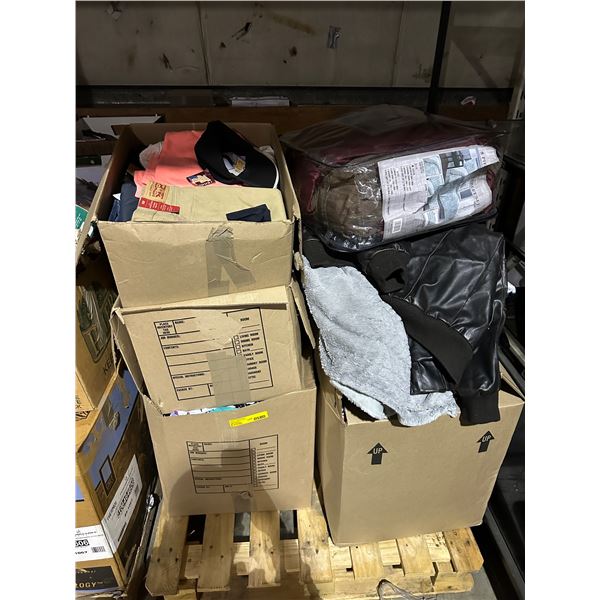 Pallet of lot of clothing, 8 piece coverlet set, blankets, etc...