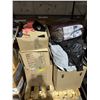 Image 1 : Pallet of lot of clothing, 8 piece coverlet set, blankets, etc...