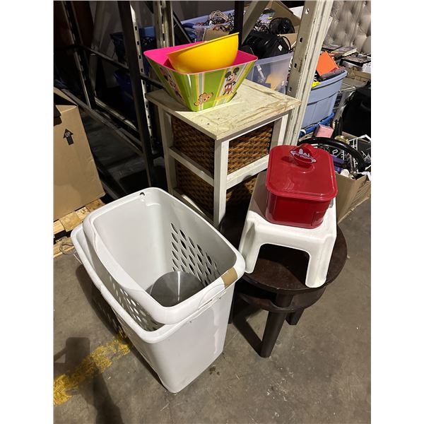 Group of misc items including - laundry baskets, stool, side table, basket storage shelf, etc...