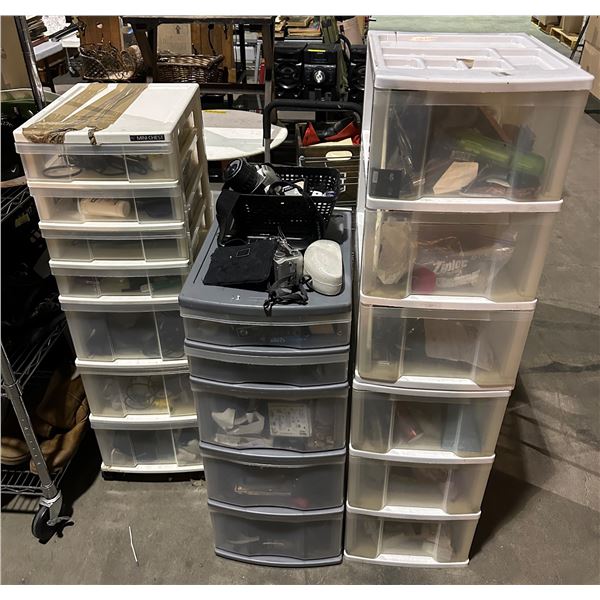 Group of 3 stand up plastic storage containers w/misc items inside - coins, remote, frames, speaker,