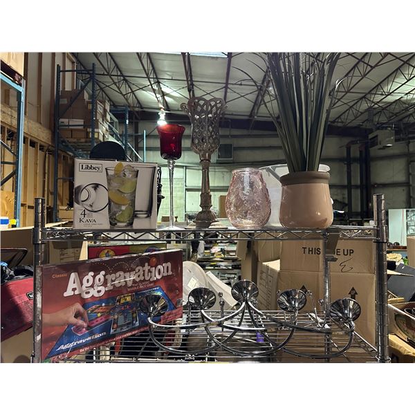 2 shelves of home decor, game, candle holders, 4 Kava drink coolers, artificial plant, etc...