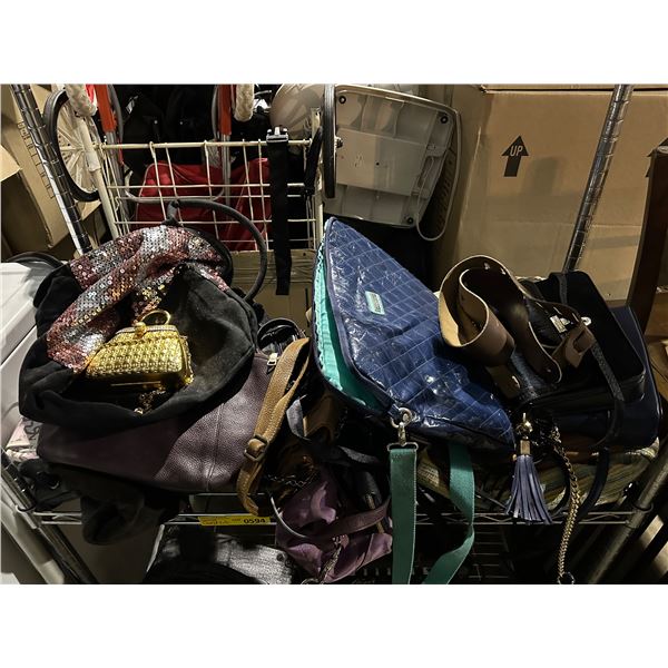Shelf lot of misc purses, bags, etc...