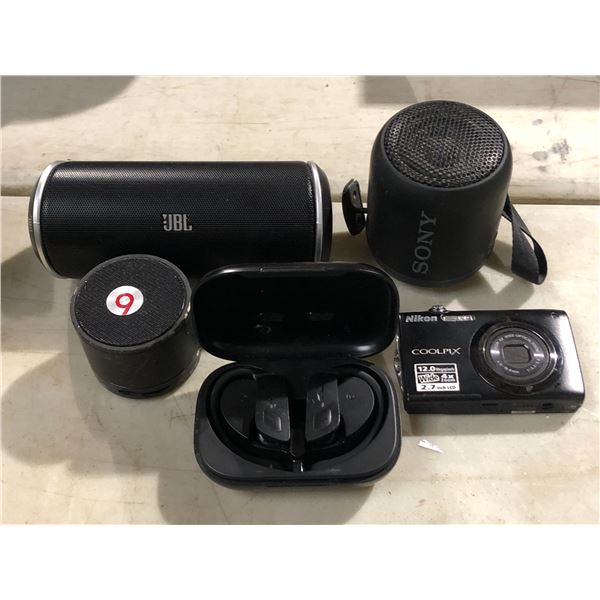 Group of assorted portable Bluetooth speakers / bluetooth earphones & Nikon Coolpix camera