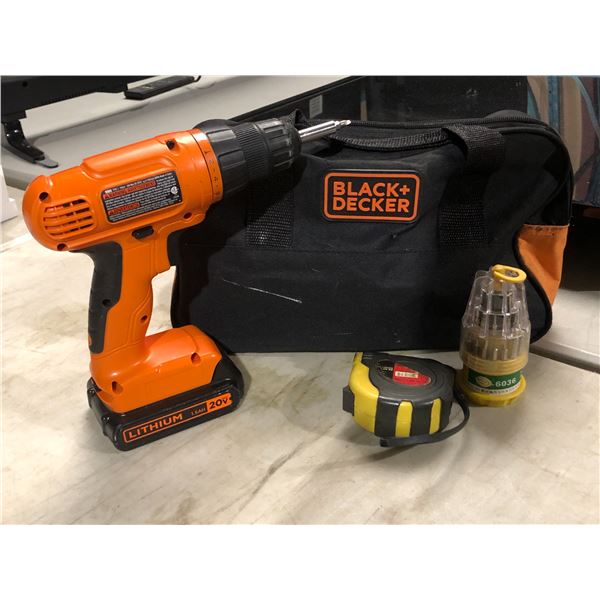 Black & Decker - cordless drill/driver - model LD120 & assorted tool accessories in bag