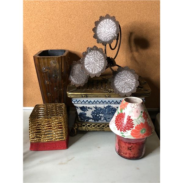 Group of assorted decorative items - includes rectangular moss bonsai pot / floral shade candle / fl