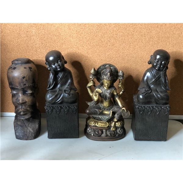Group of 4 assorted decorative figures - includes Brass Lakshmi statue / 2 Buddha house figurines / 