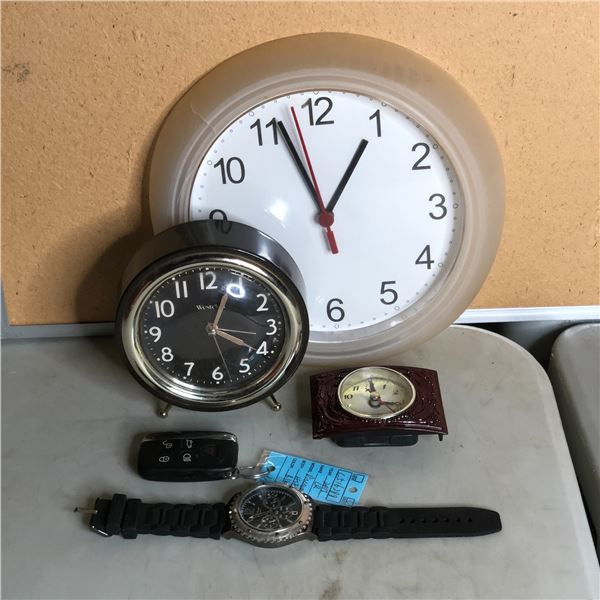 Group of assorted clocks / Breguet watch & Landrover car key remote