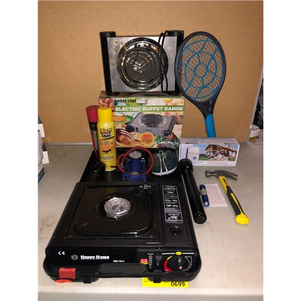 Group of assorted camping related items - includes Happy Home Portable Butane Gas Stove BDZ-155-A / 