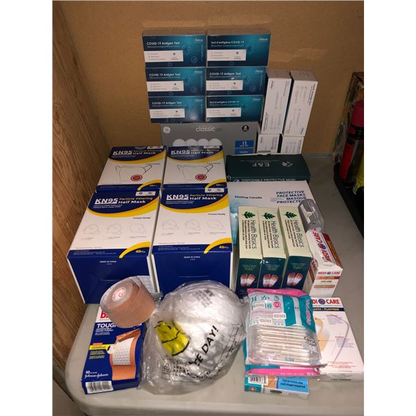 Group of assorted medical related items - includes half masks / foot pads / Covid 19 testing kits / 