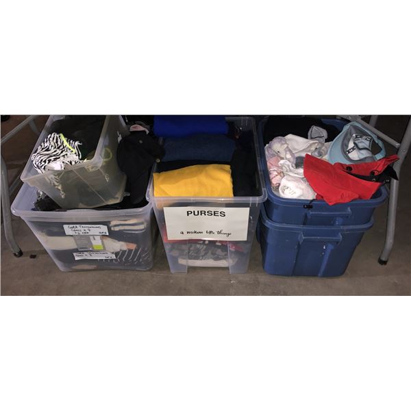 3 boxes full of assorted clothes & hats