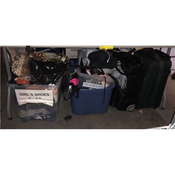 Large lot of assorted clothes / suitcases / carpets etc