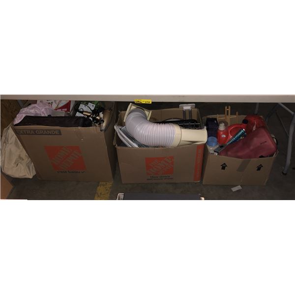 3 boxes full of assorted misc items - includes / laundry detergent / bathroom items / blowdryer etc