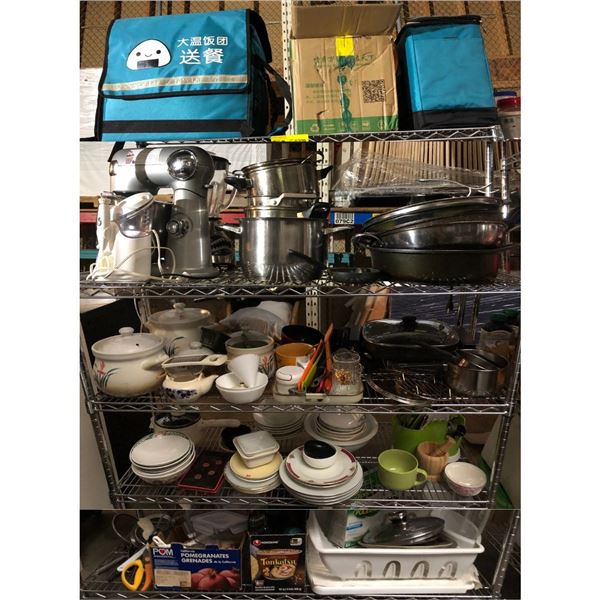 rack full of assorted kitchen items - includes storage jars / Cuisinart stand mixer etc