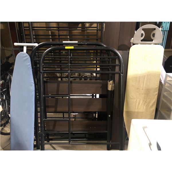 Group of assorted metal bed frame, wooden boards, ironing stand w/board, etc...