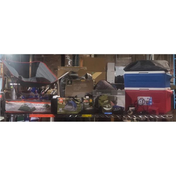 Shelf lot of assorted camping gear including - Coleman coolers, air bed, tents, etc...