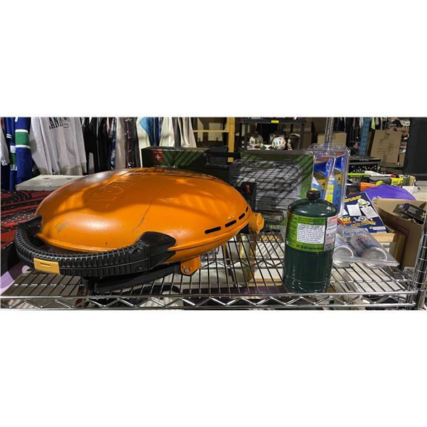 Group of assorted camping items includes - BBQ tool set w/BBQ, empty propane tank, etc...