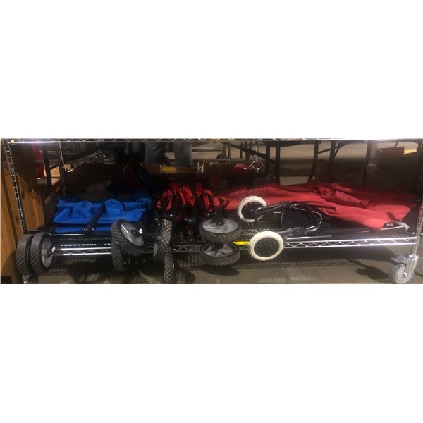 Shelf lot of assorted carts & patio table umbrella