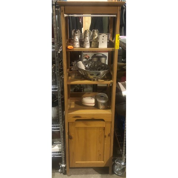 Wooden shelf w/assorted decorative contents (approx. 57in H x 18in W 18in D)