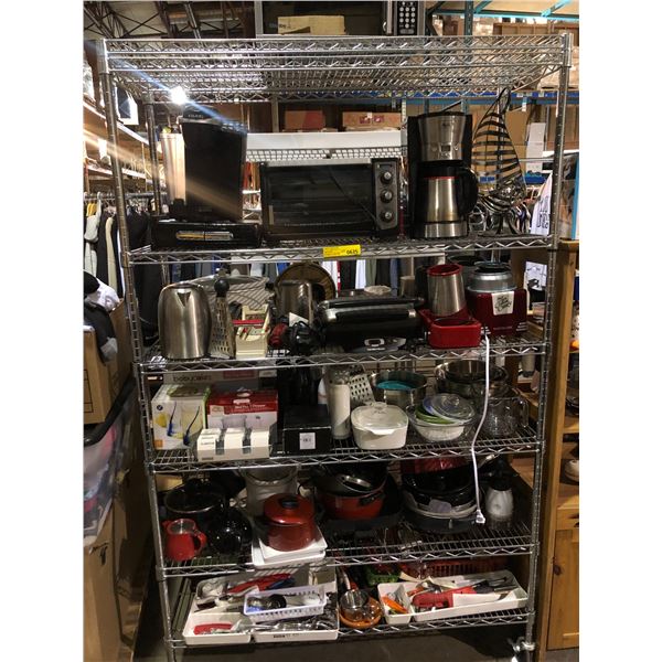 Rack contents full of kitchenware include - Keurig coffee machine, Melitta coffee machine, microwave