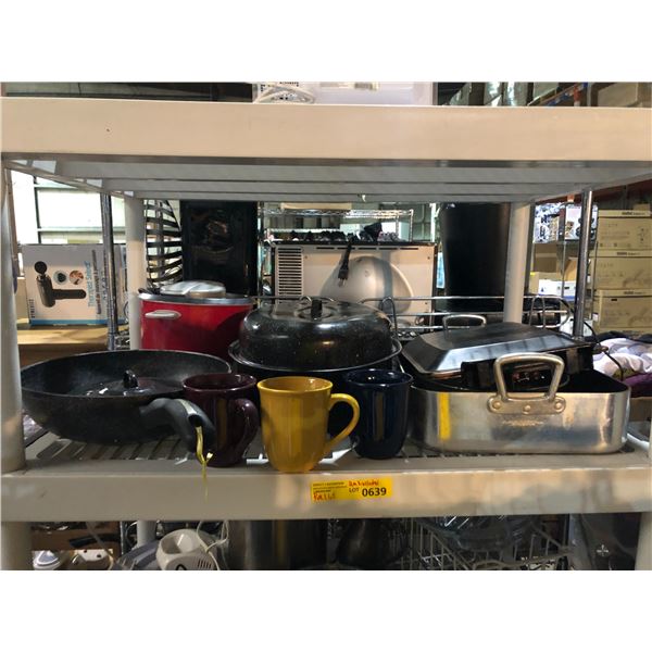 Rack & contents including - misc kitchen items, coffee cups, pots & pans, chefman RJ33C crepe maker,