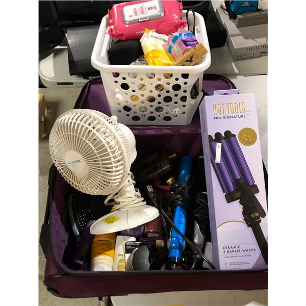Group of misc including - fan, hair straighteners, hair brush, suitcase, etc...