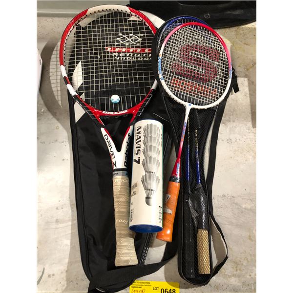 Group of tennis, badminton rackets, nylons, etc...
