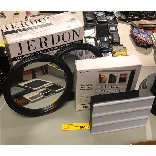 Group misc items including - mirrors, LED wall mount mirror, Photo LED lightbox, etc...
