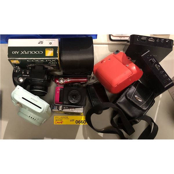 Group of misc cameras including - Coolpix A10, instax mini 8, Olympus SP-500UZ, Canon, MXQ Pro 4k, d