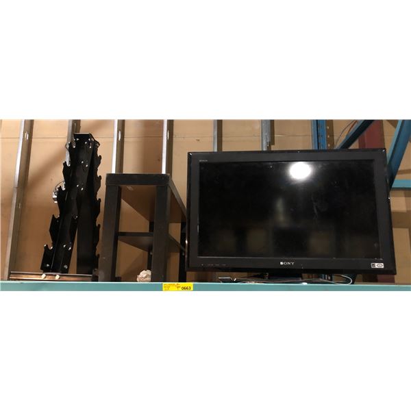 Group of 3 items including - A-frame dumbbell rack stand 5 tier, bench, Sony TV