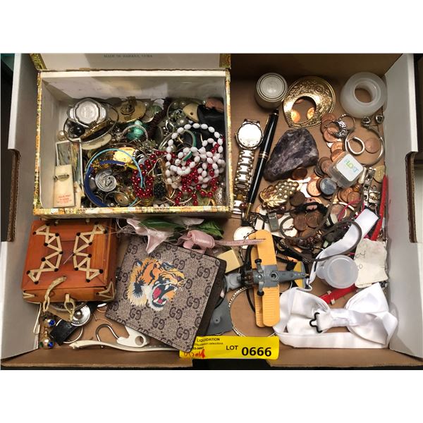 Group of misc items including - Jewelry case, Jewelry, Jewelry box, wallet, pennies,  bracelet, neck