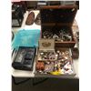 Image 6 : Group of misc items including - Jewelry case, Jewelry, Jewelry box, wallet, pennies,  bracelet, neck