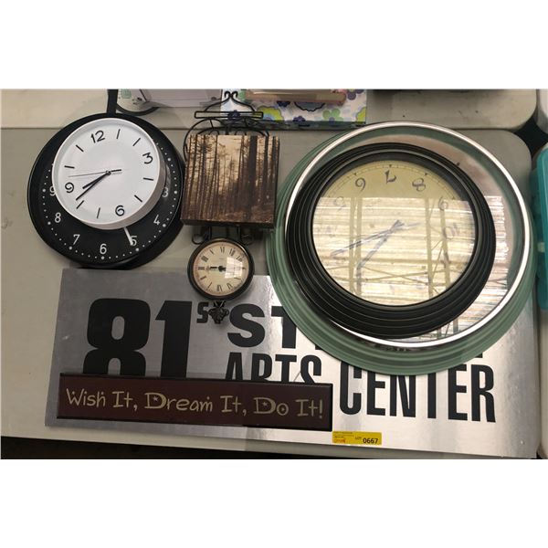Group of misc signs, clocks, painting, etc...