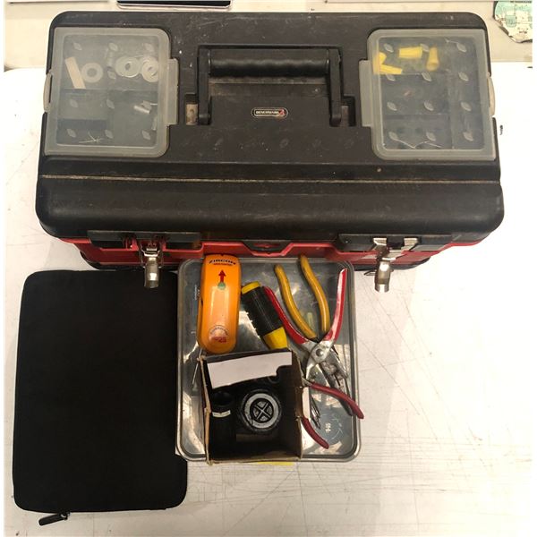 Group of misc tools including - toolbox, screwdriver, bottle jack, stud sensor, two-tone pliers, etc