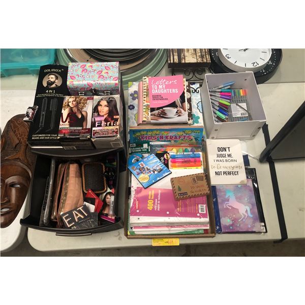 Group of journals, sharpie pens/highlighters, paper, office/desk supplies, brush, misc hair & beauty