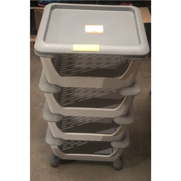 Group of 4 home-style mobile multi-shelf plastic storage