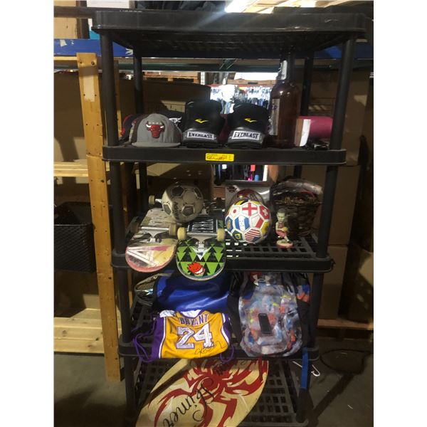 Group of misc including - 5 tier plastic rack, 2 skateboard, soccerball, skim board, lakers jersey,