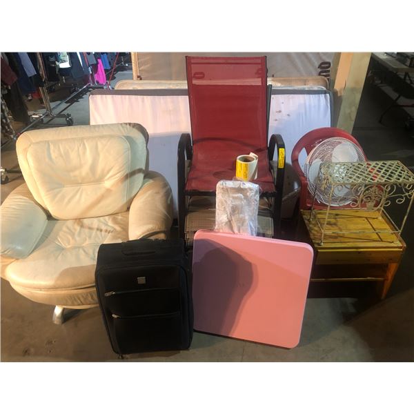 Group of approx. 6 outdoor patio chairs, decor, white leather chair, suitcase, small pink table, etc