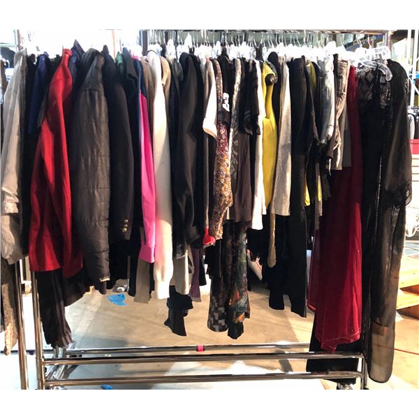 Rack lot full of assorted clothes - includes jackets / dresses / sweaters / jeans / shorts / night g
