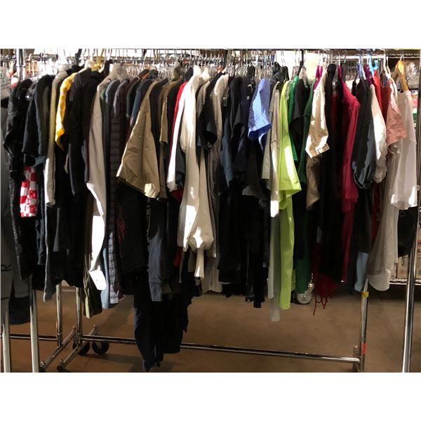 Rack lot full of assorted clothes - includes black lace dress / men & women shirts & sweaters / tank